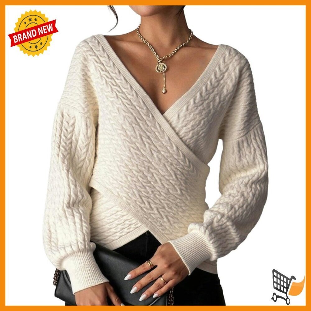 Wrap V-Neck Cropped Sweater - Cable Knit Long Sleeve Pullover